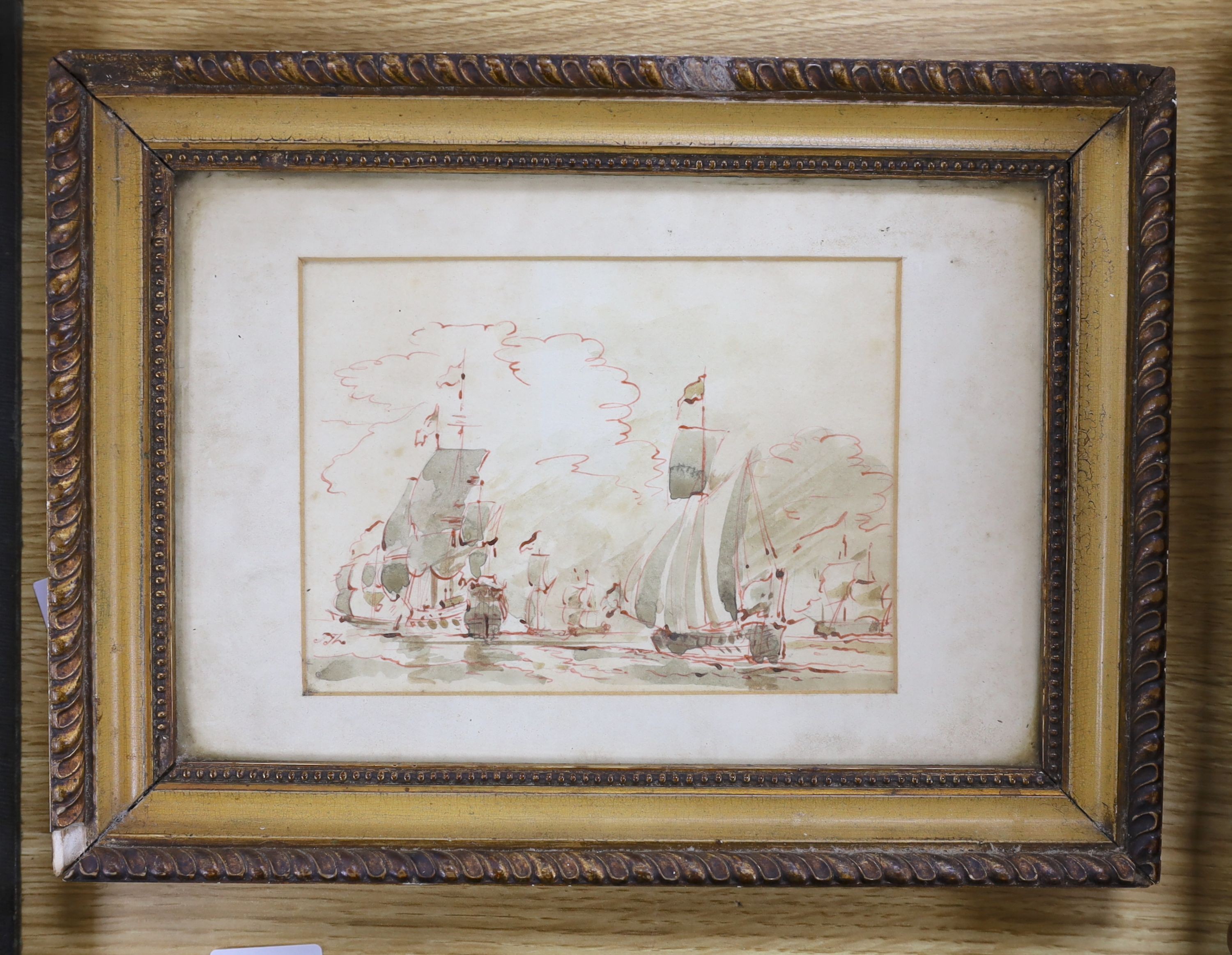 Old Master drawing, red ink and wash, Warships at sea, initialled, 11.5 x 16cm